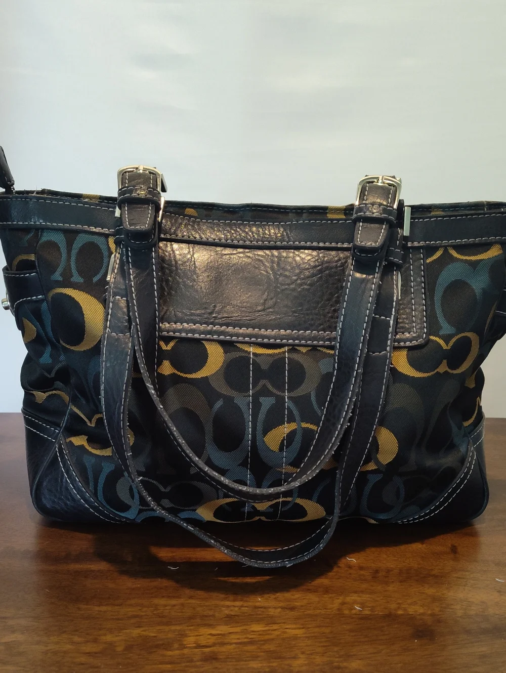 Coach Signature Shoulder Bag in Black, Blue, Green & Gold